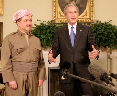  President George W. Bush talks to reporters as he welcomes Massoud Barzani, the President of the Kurdistan regional government of Iraq, to the Oval Office at the White House, Tuesday, Oct. 25, 2005. White House photo by Eric Draper
